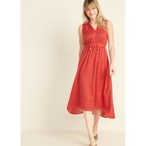 Old Navy Waist Defined Ruffled Tie Neck Midi Dress Womens XL Red Trendy Chic NEW